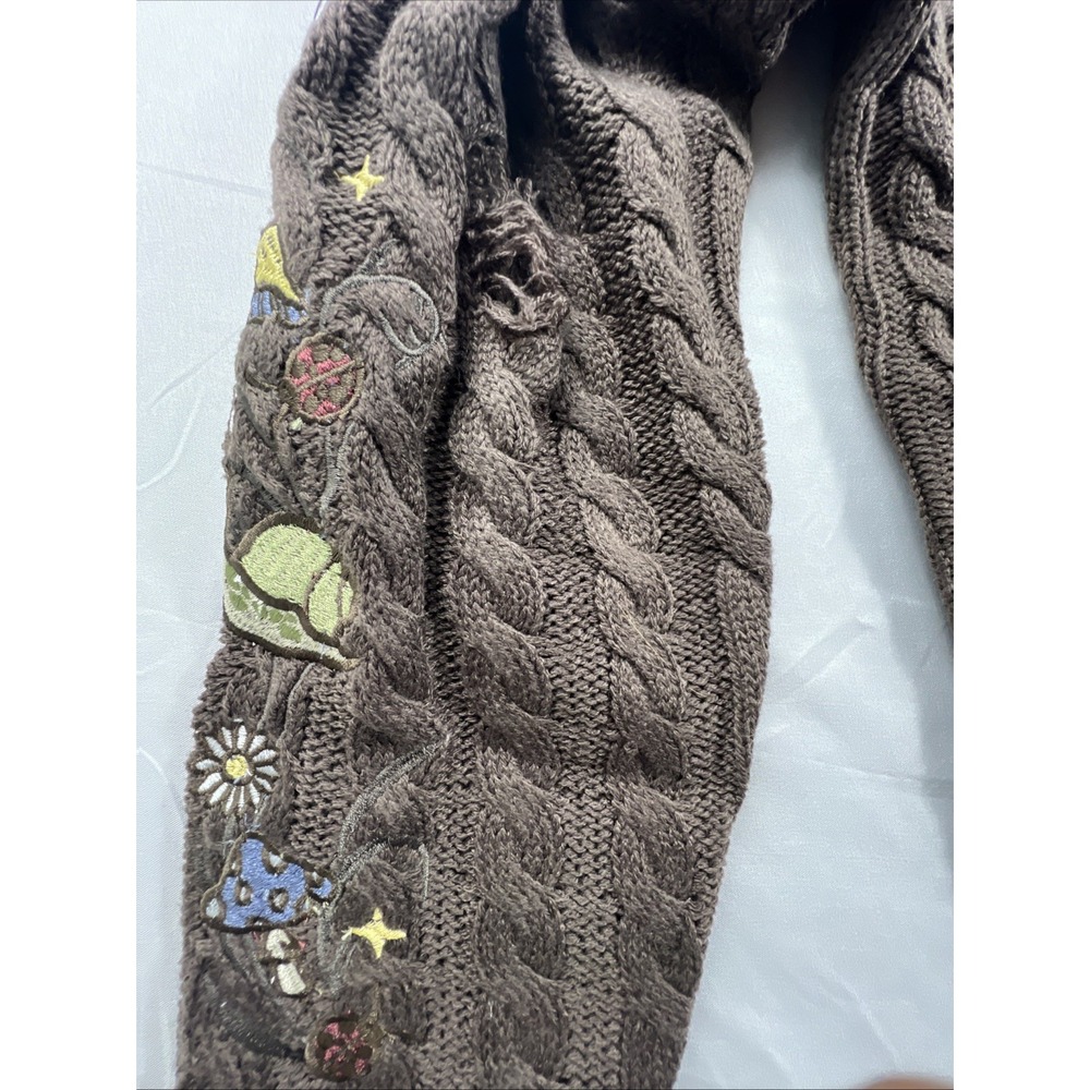 Embroidered Mushroom Frog Distressed Cardigan Sweater Large Brown BNWT Hot topic - Picture 11 of 15